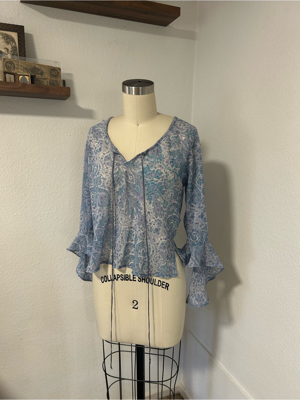 Blue Paisley Tie-Front Ruffle Sleeve Top